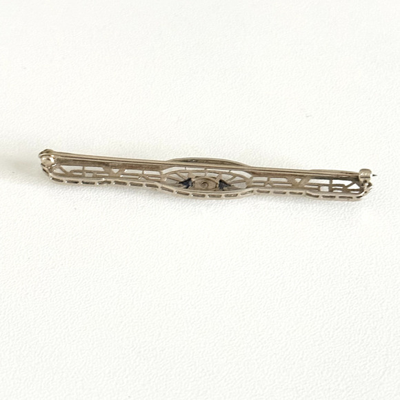 Antique 14K Solid White Gold Sapphire & Diamond Intricate Detail Bar Brooch Pin - Picture 7 of 12